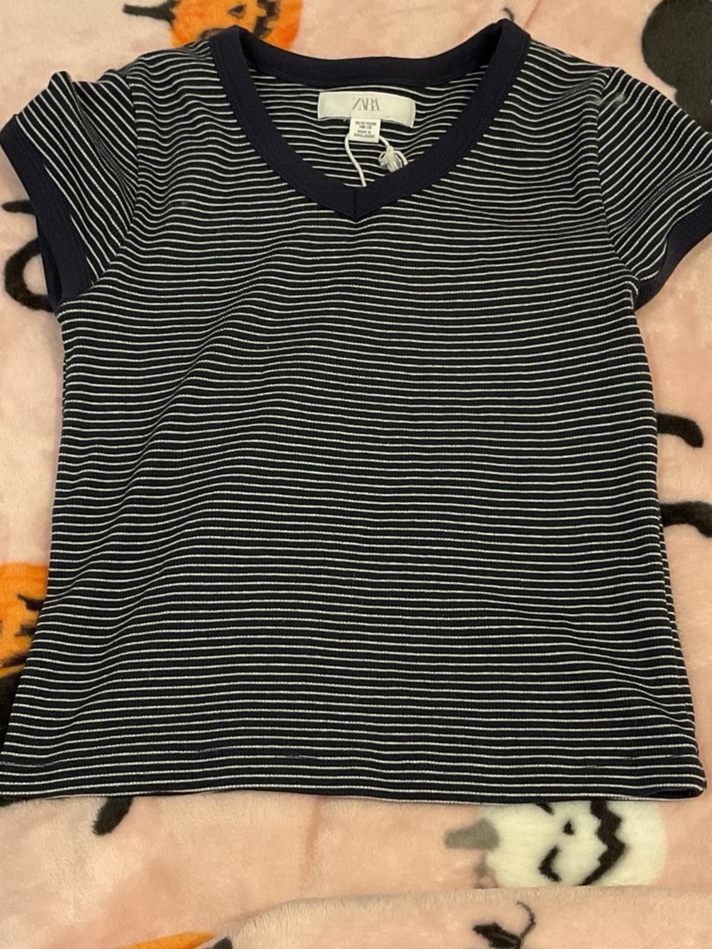 Kids 12- 13 Zara Navy and White Striped V-Neck Short Sleeve Tee